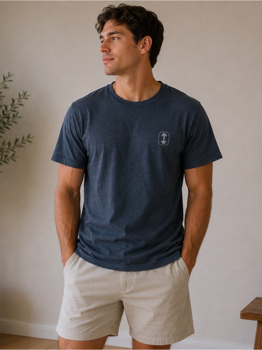 The Life Box Men's Short Sleeve Crew Tee in Dark Navy with dumbbell emblem
